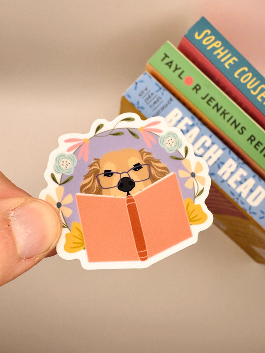 2" dog reading sticker