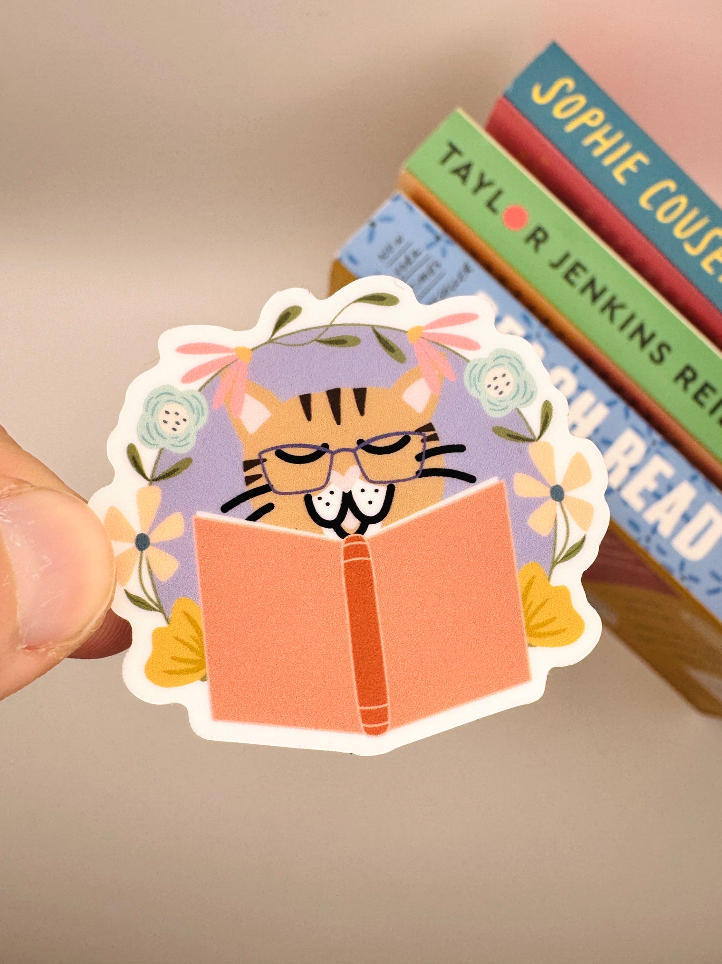 2" cat reading sticker